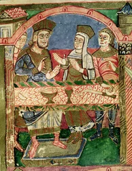 Santa Radegunda (518-87) en la mesa de Clotario I (497-561) de la Vida de Santa Radegunda (detalle)